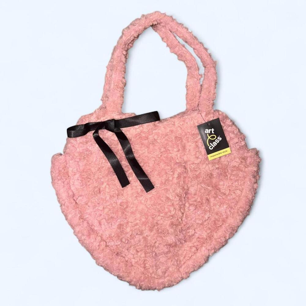 Pink fluffy heart shaped bag with black ribbon #kawaii #pastel #pink #heart